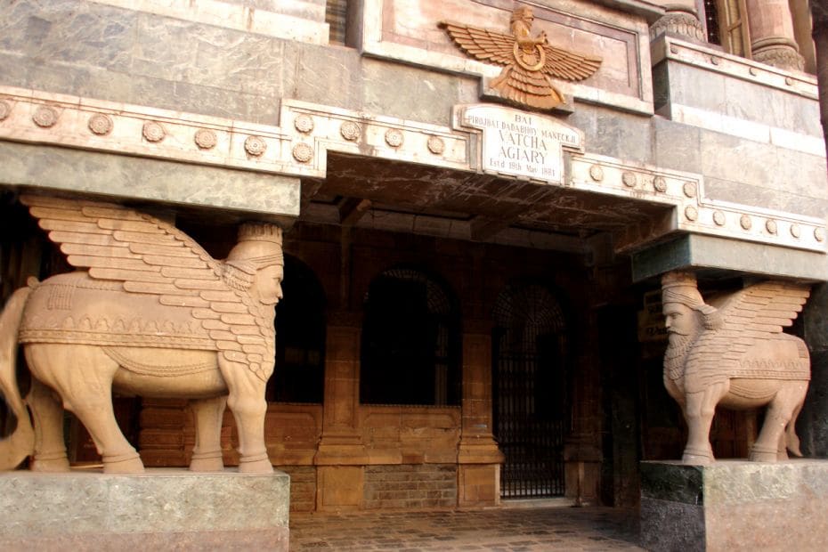 Winged mythological figures frame the portal of BAI PIROJBAI DADABHOY MANECKJI VATCHA AGIARY (Fort, 