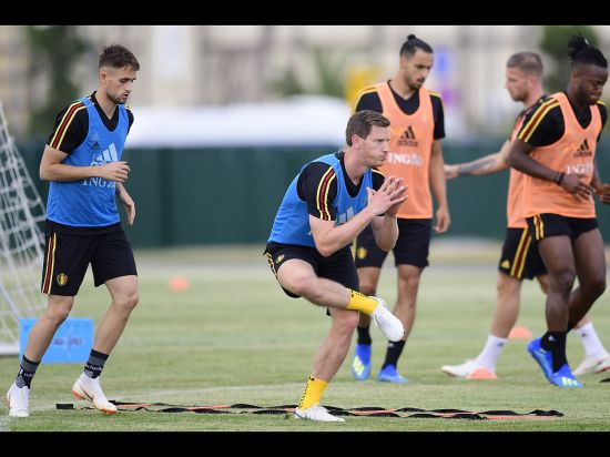 SOCHI, RUSSIA - JUNE 16 : Jan Vertonghen defender of Belgium doing a yoga exercise during a training