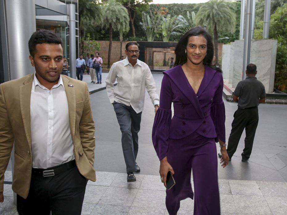 Shuttler and Olympic silver medallist PV Sindhu reaches the venue along with her father PV Ramana (b