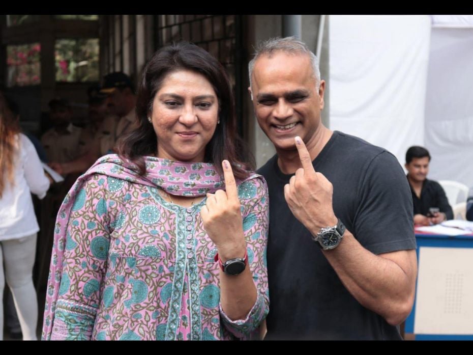 Congress candidate Priya Dutt and husband Owen Roncon cast their votes at St Anne’s High Schoo