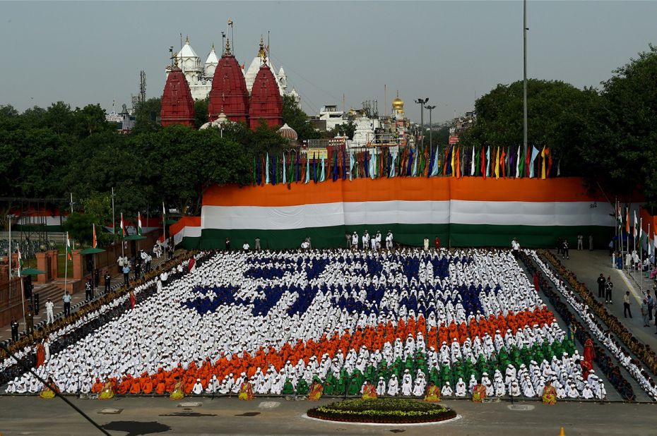 Schoolchildren participate in a dress rehearsal for celebrations at the Red Fort in New Delhi on Aug