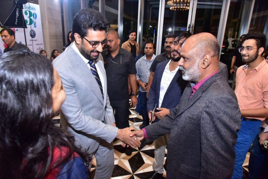 Actor Abhishek Bachchan greets Forbes India editor Brian Carvalho, and senior assistant editor Rajiv