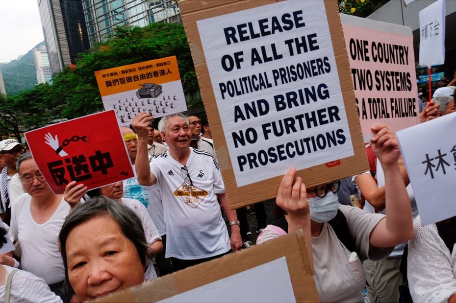 July 17, 2019: Elderly people march to protest the extradition bill in Hong Kong. 