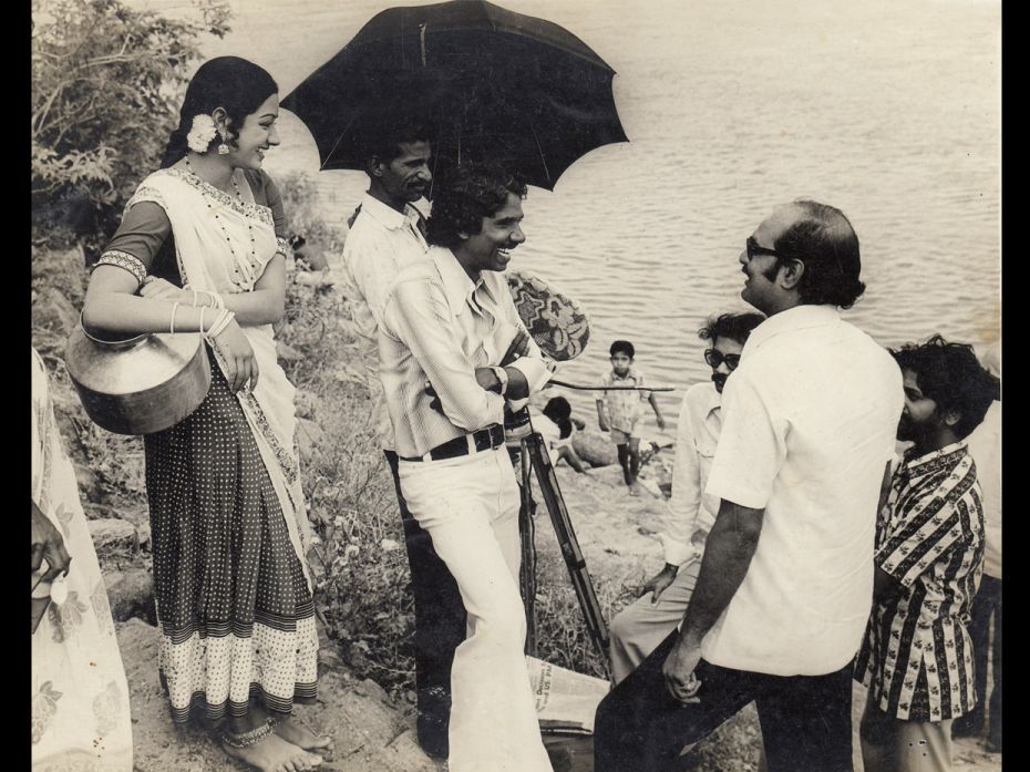 A 15-year-old Sridevi observes as a smiling P Bharatiraja—the  director of her Tamil film 16 V