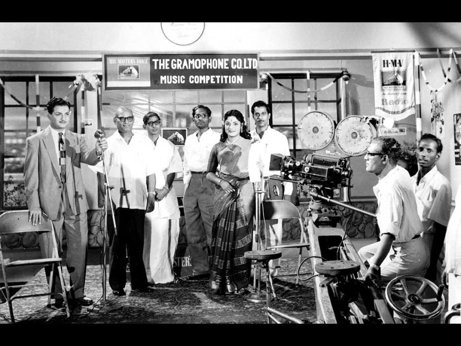 Actors NT Rama Rao (extreme left) and Devika on the set of the Telugu film Pendli Pilupu in 1961