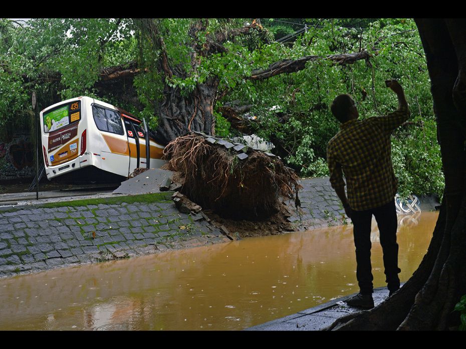 A man takes a photo near a bus crushed by a falling tree in Rio de Janeiro, Brazil, on April 9, 2019