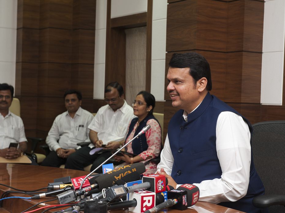 Maharashtra CM Devendra Fadnavis addresses media as BJP crosses the 300 mark. The BJP-Sena alliance 