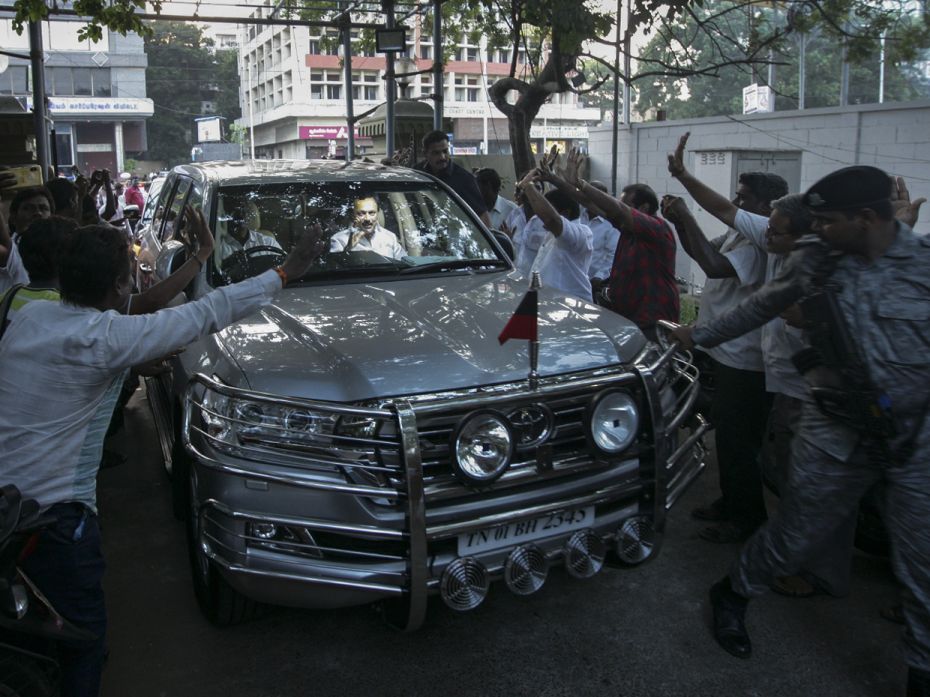 DMK party leader Stalin reaching his party office greeted by his  supporters during  elect