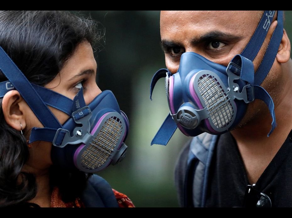 NEW DELHI, OCTOBER 31: Sales of masks, purifiers are sky-rocketing this season. A duo steps out in s