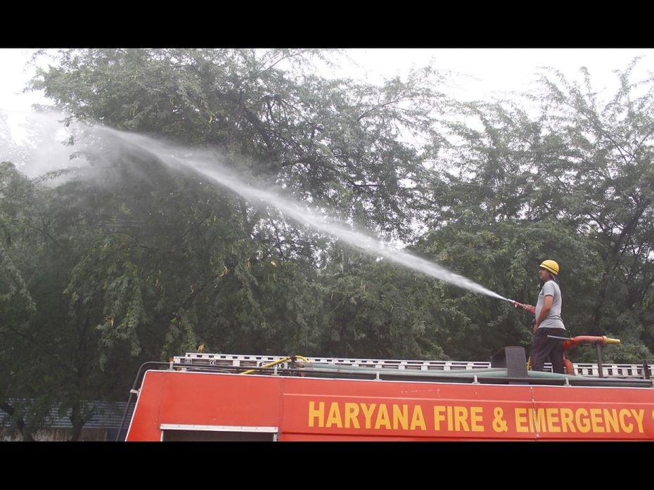 GURUGRAM, NOVEMBER 3: A fire department personnel sprays water on trees at Old Delhi road, in an eff