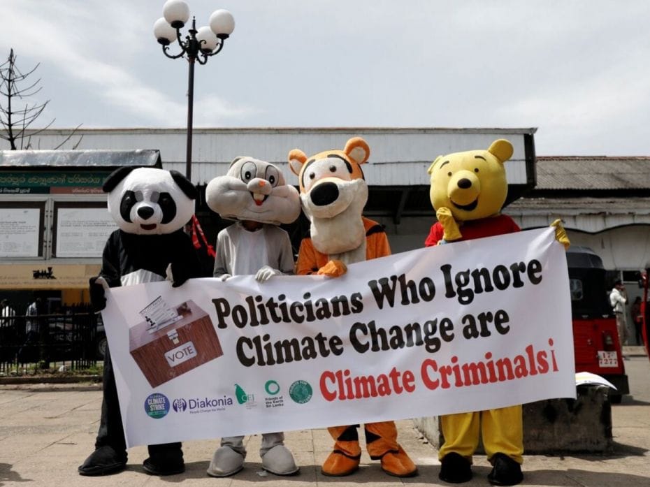 People dressed in animal costumes call for urgent political involvement in Colombo, Sri Lanka.