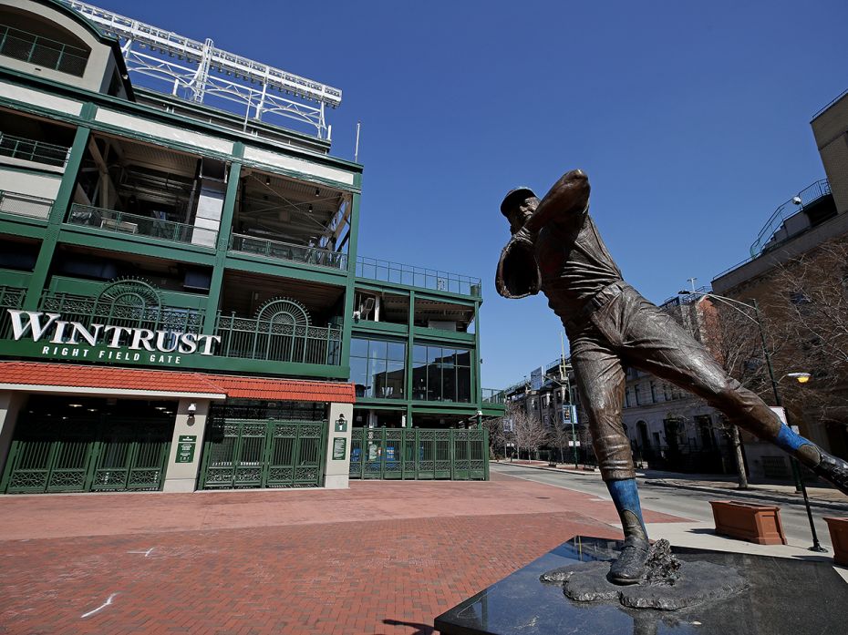 CHICAGO, ILLINOIS: A statue of former Chicago Cub Ron Santo is seen at the right field entrance to W