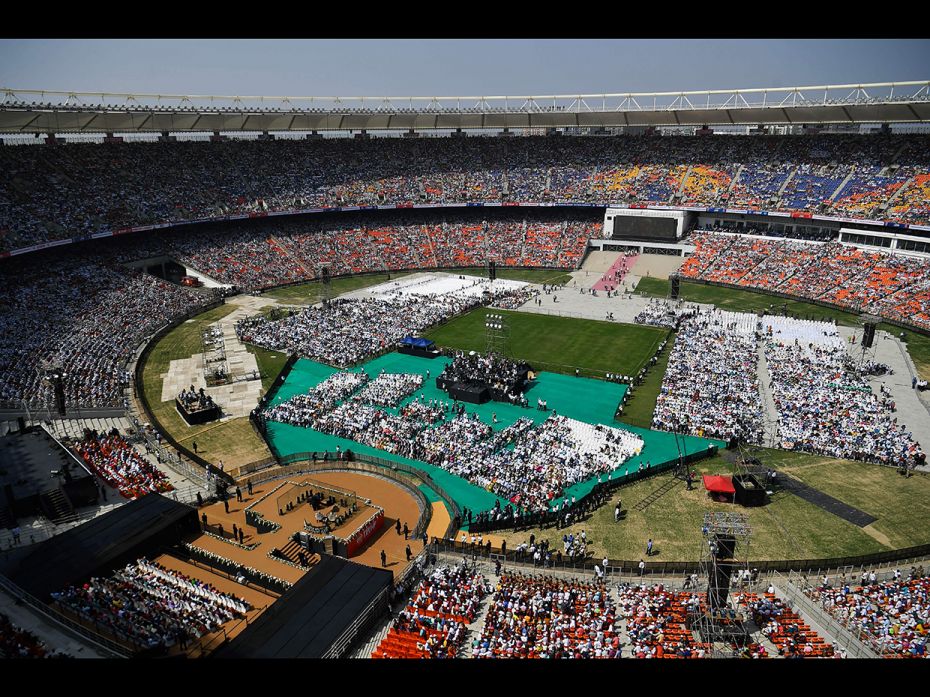 US President Donald Trump speaking during 'Namaste Trump Rally' at Sardar Patel Stadium in Motera, o