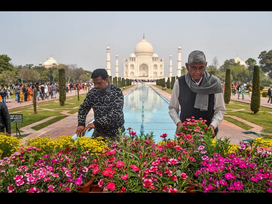 Workers planted and installed new flowers in front of the Taj Mahal in Agra on February 22, 2020, ah