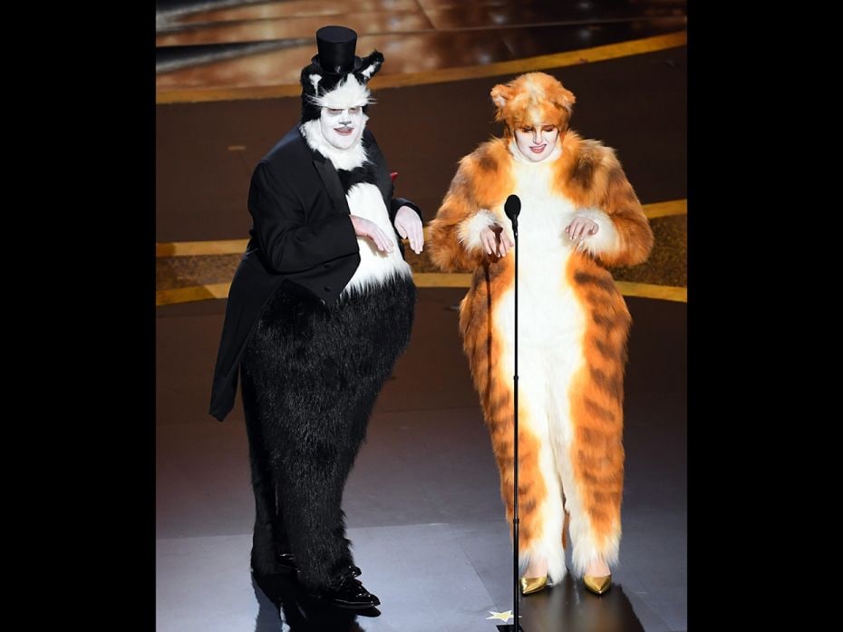 (L-R) James Corden and Rebel Wilson come bring Broadway hit ‘Cats’ onstage, a performanc