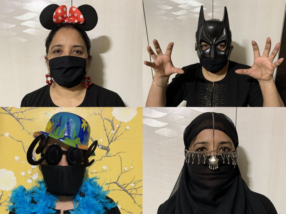 The multiple images above show how the group chat about masks evolved into this creative project. Fa