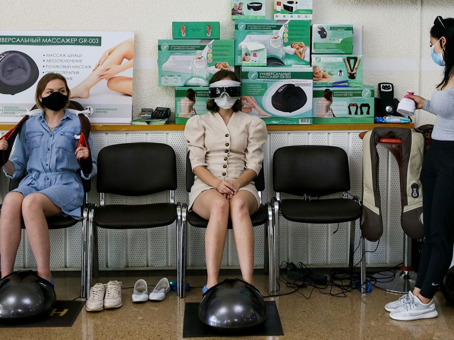 SOCHI, RUSSIA - JUNE 3, 2020: Guests receive massage therapy at the Oktyabrsky health resort; health