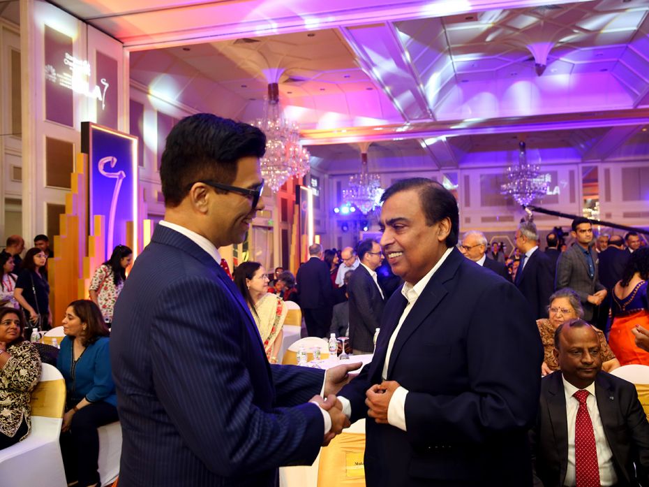 Mukesh Ambani with filmmaker Karan Johar at the CNBC-TV18 India Business Leader Awards 2020 event in