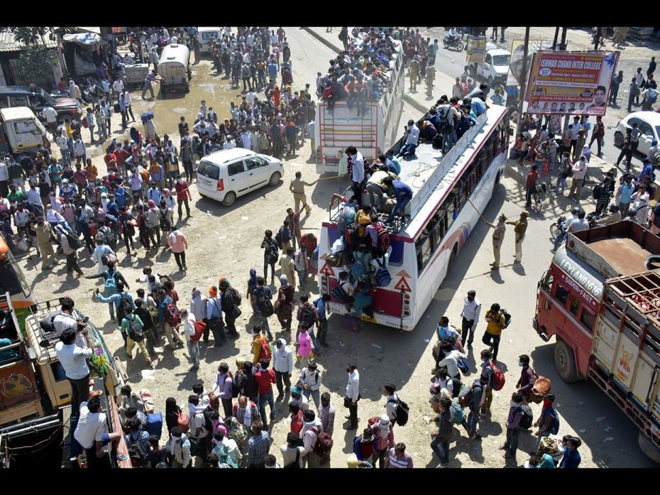 An aerial view of Lal Kuan bus stand where a wave of migrant workers was seen following Uttar Prades