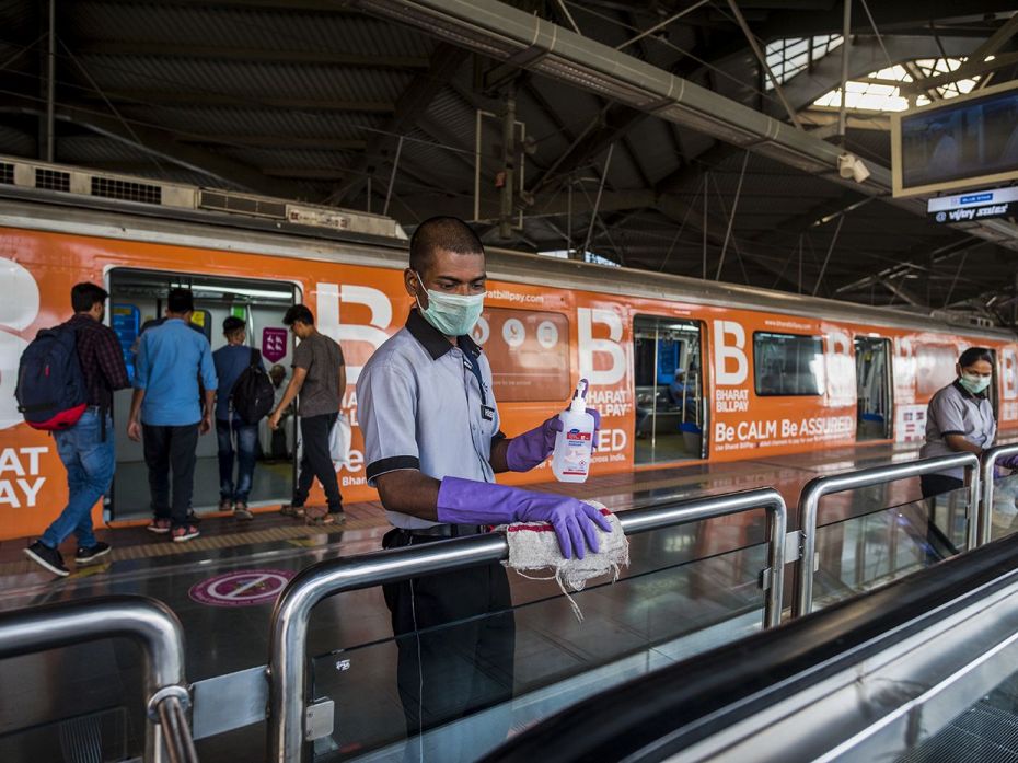 MUMBAI, March 15: Metro workers sanitise stations as a precautionary measure in the wake of the coro