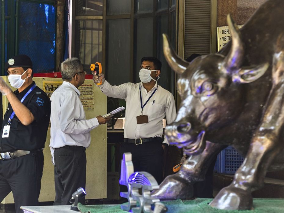 MUMBAI, March 16: At the Bombay Stock Exchange, a man goes through thermal screening amid the corona