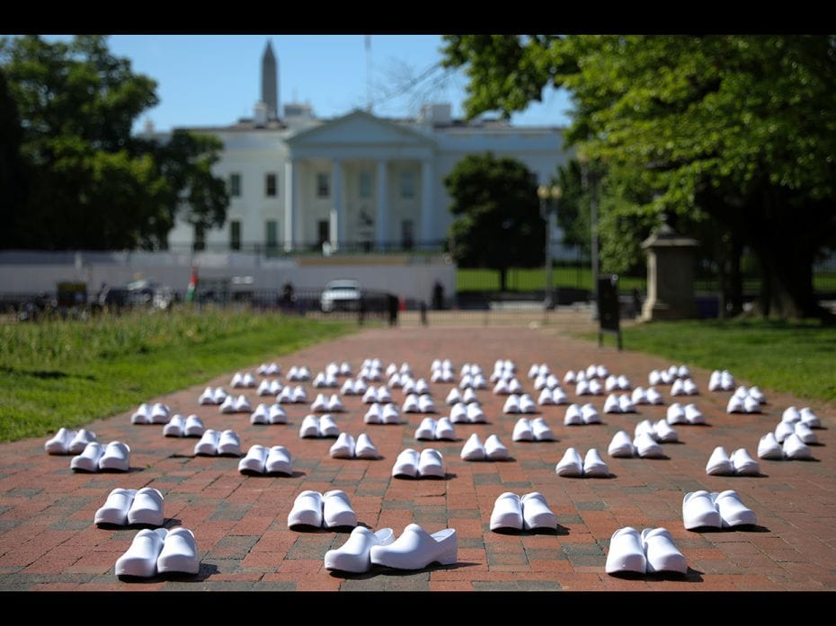 White shoes are displayed during a demonstration by Registered Nurses and the National Nurses United