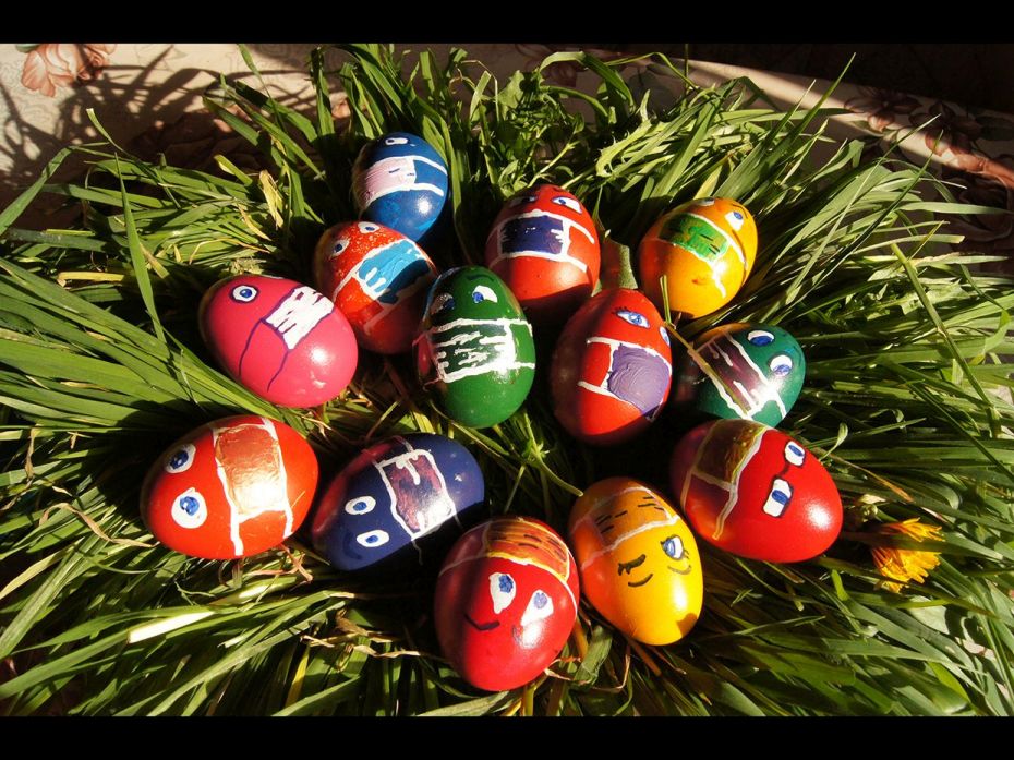 Easter eggs painted with face masks, a different take on an Orthodox Christian tradition in Romania.