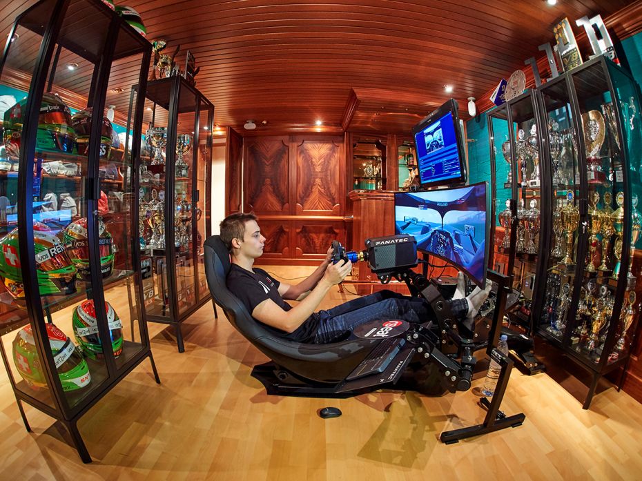 Louis Delétraz, reserve driver for Haas Formula 1 team and F2 racer, trains on a simulator at