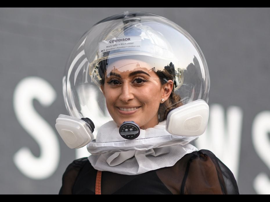 Michelle Maddona is seen wearing a ‘Covidisor’ helmet outside the Rebecca Minkoff show d