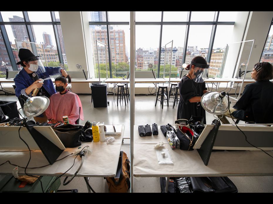 Model prepares backstage for the MONSE Fall/Winter2020 Shoppable Presentation during September 14, 2