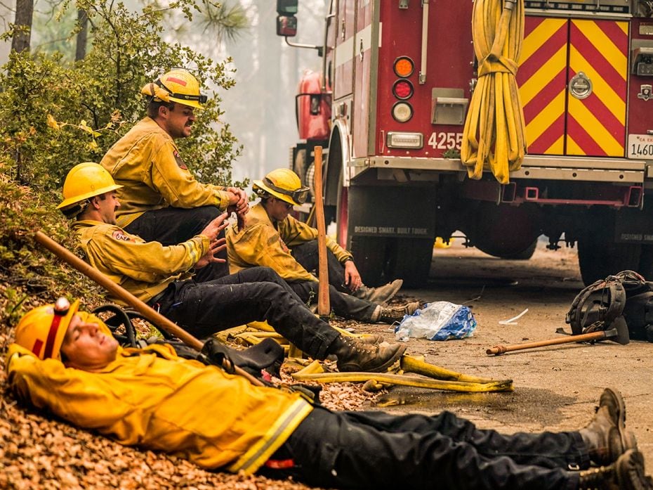 MADERA COUNTY, CA - SEPTEMBER 08: Firefighters (L to R) Rob Spitzer, Max  Kitty, Josiah Gist and Hun