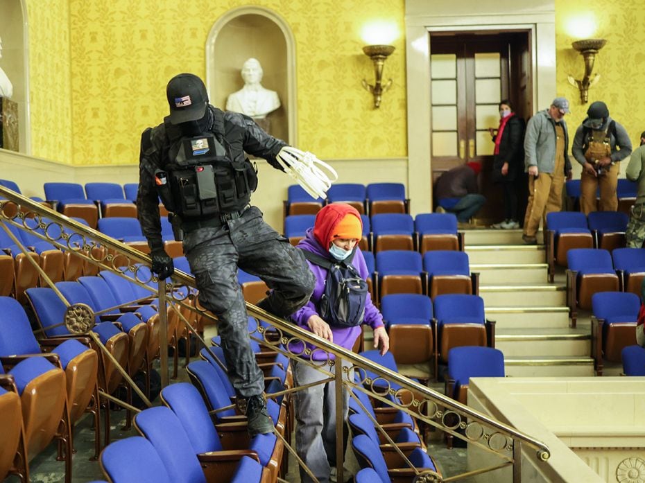 Protesters enter the Senate Chamber on January 6, 2021 in Washington, DC.