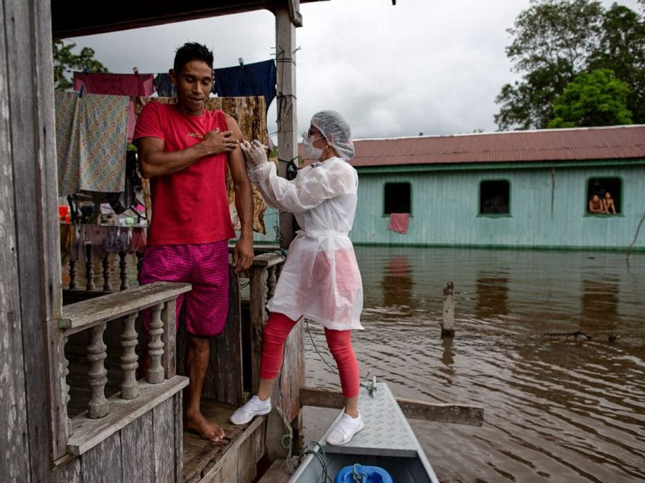 BrazilA resident is vaccinated against Covid-19 in Anama town, Amazon, Brazil, by a healthcare worke