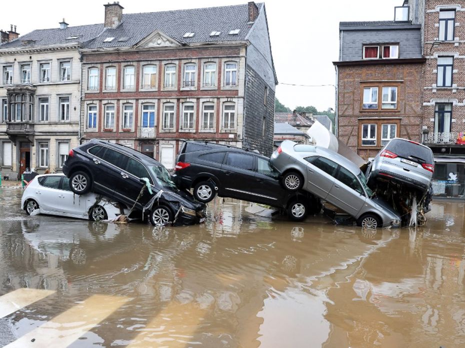 BelgiumCars piled up by the swirling water at a roundabout in the Belgian city of Verviers, after he