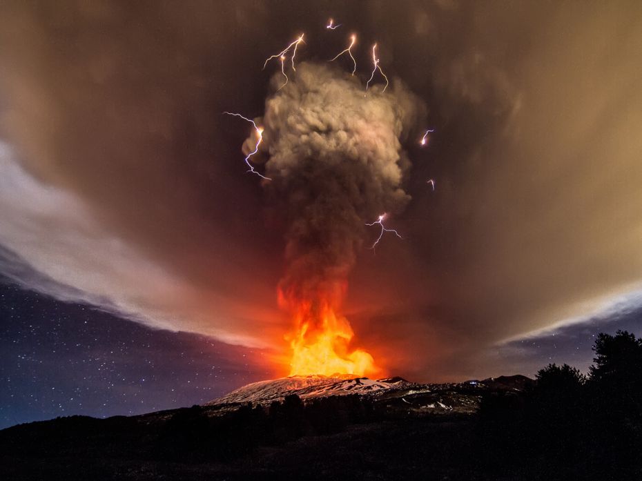 A view of a volcanic eruption at Mount Etna's Vorgaine crater on Dec 03, 2015, in Sicily, Italy. In 