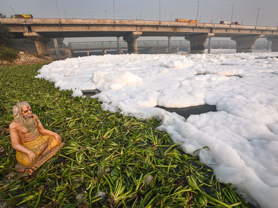 A layer of toxic foam from sewage and industrial waste on Yamuna river in New Delhi, IndiaThere are 