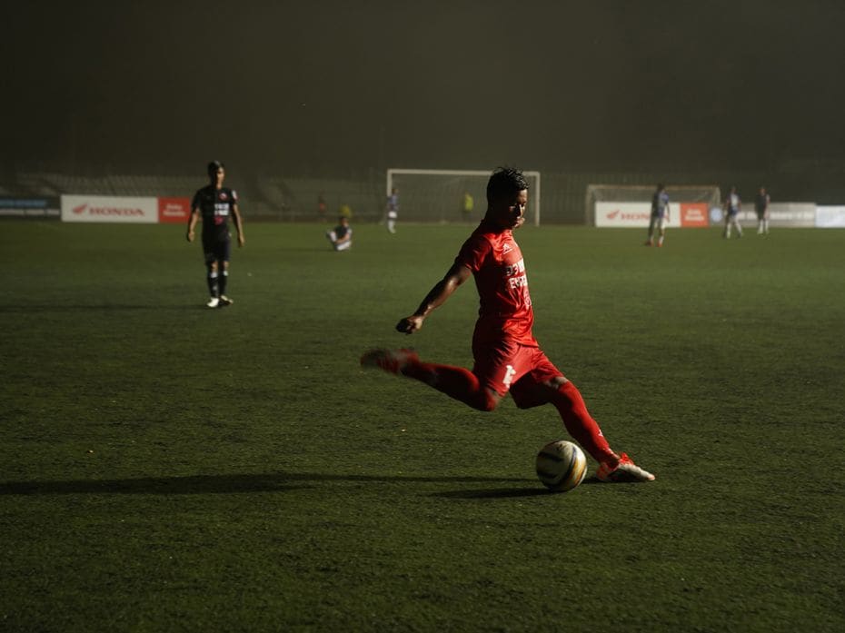 A player from Venghnuai FC caught in action during the game. A lot of MPL clubs are backed by specif