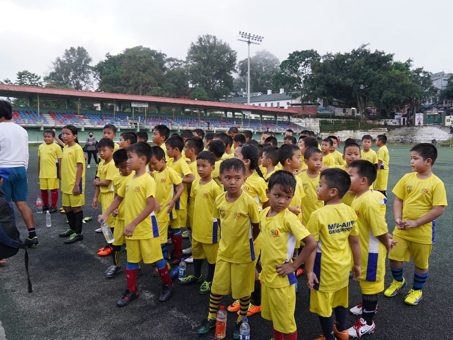 The Under-10 footballers lined up at the end of their session at the Lammual stadium in Aizawl. They