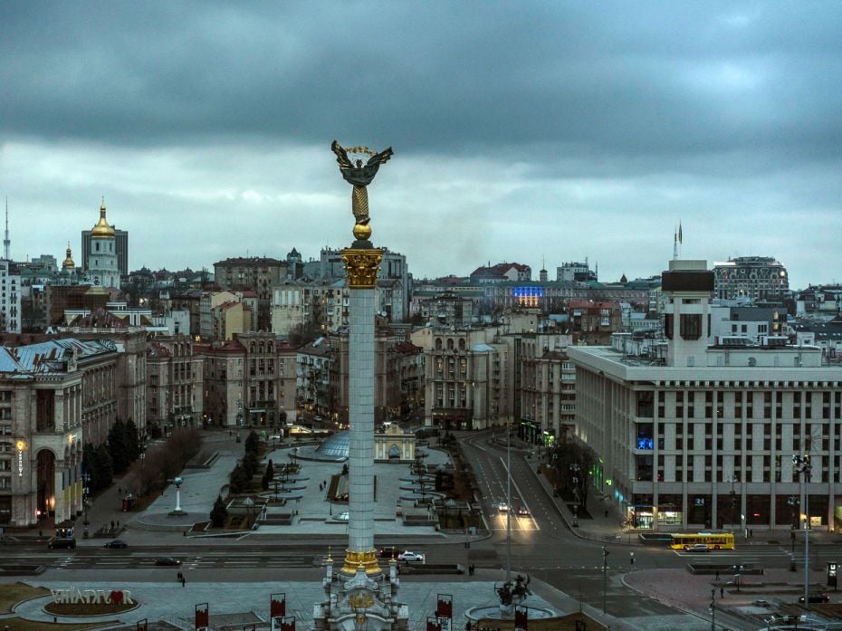 Maidan Nezalezhnosti, or Independence Square, at dusk on Thursday, February 24, 2022 in Kyiv, Ukrain