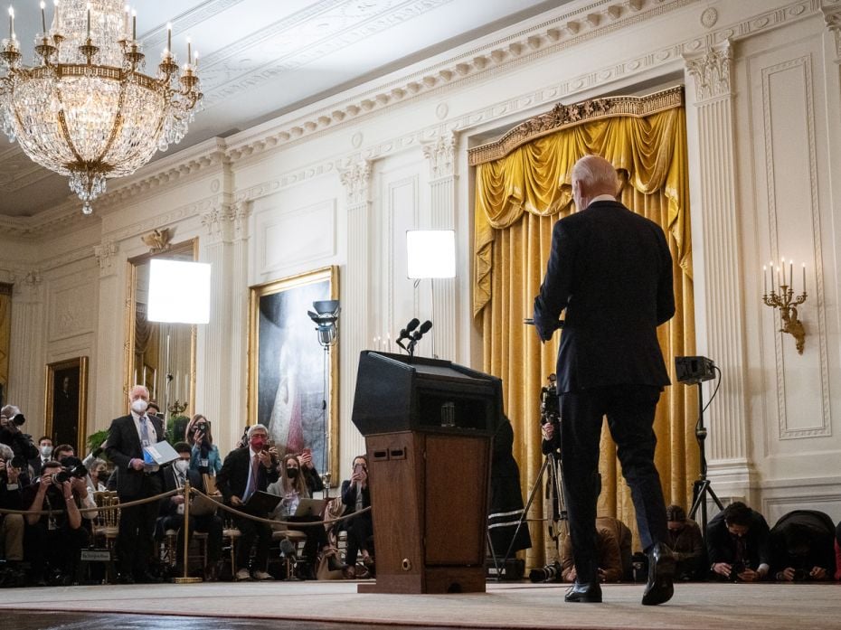 President Joe Biden arrives to speak about the Russian invasion of Ukraine at the White House on Thu