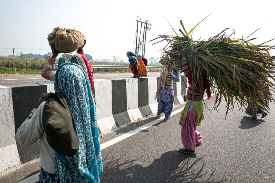 Farm labourers from Loharipur, some among them Dalit, leap over a divide on the highway on their way