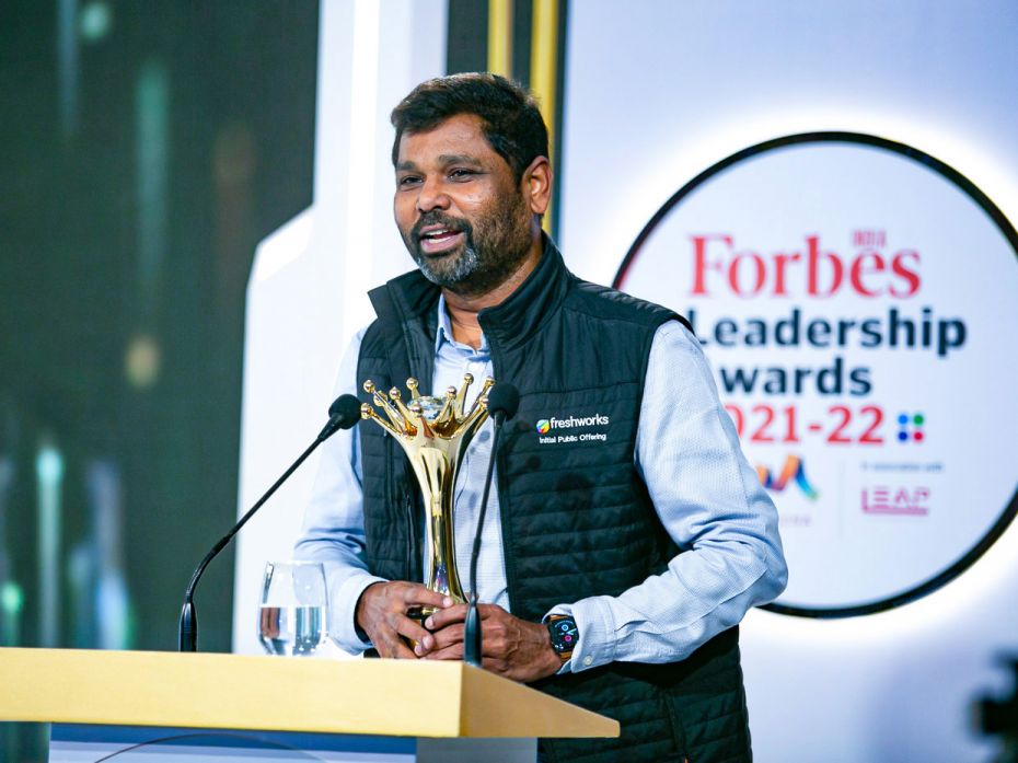 Freshworks founder Girish Mathrubootham delivers his acceptance speech after winning the FILA 2022 f