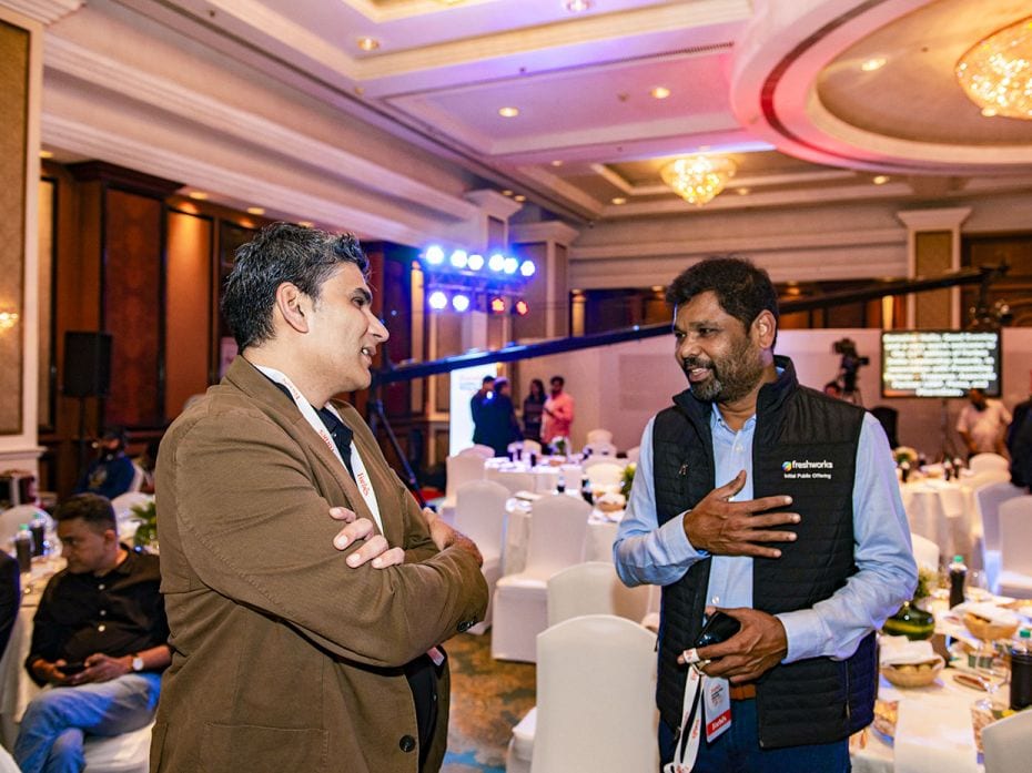 Freshworks' Girish Mathrubootham in conversation with boAt cofounder Sameer Mehta at FILA 2022.