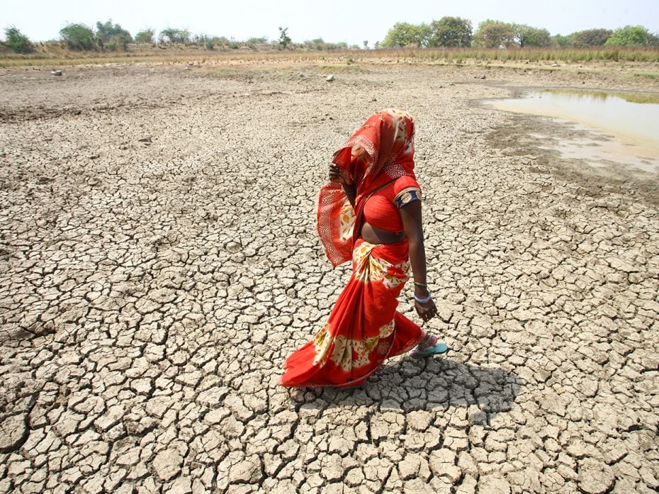 A woman walks by a dry pond on a hot day in Mauharia village in the Allahabad district, Uttar Prades