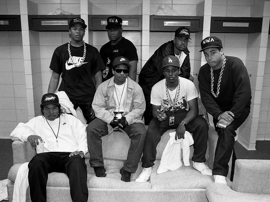 The rap group NWA—Ice Cube, Eazy-E, MC Ren. DJ Yella (front), and Dr Dre, Laylaw and The DOC (