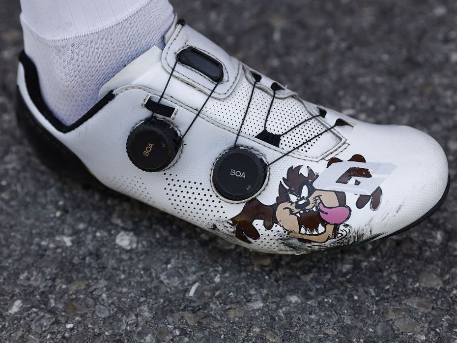 The shoes of Cofidis' rider Axel Zingle before the start of stage 17 from Saint-Gervais Mont Blanc t