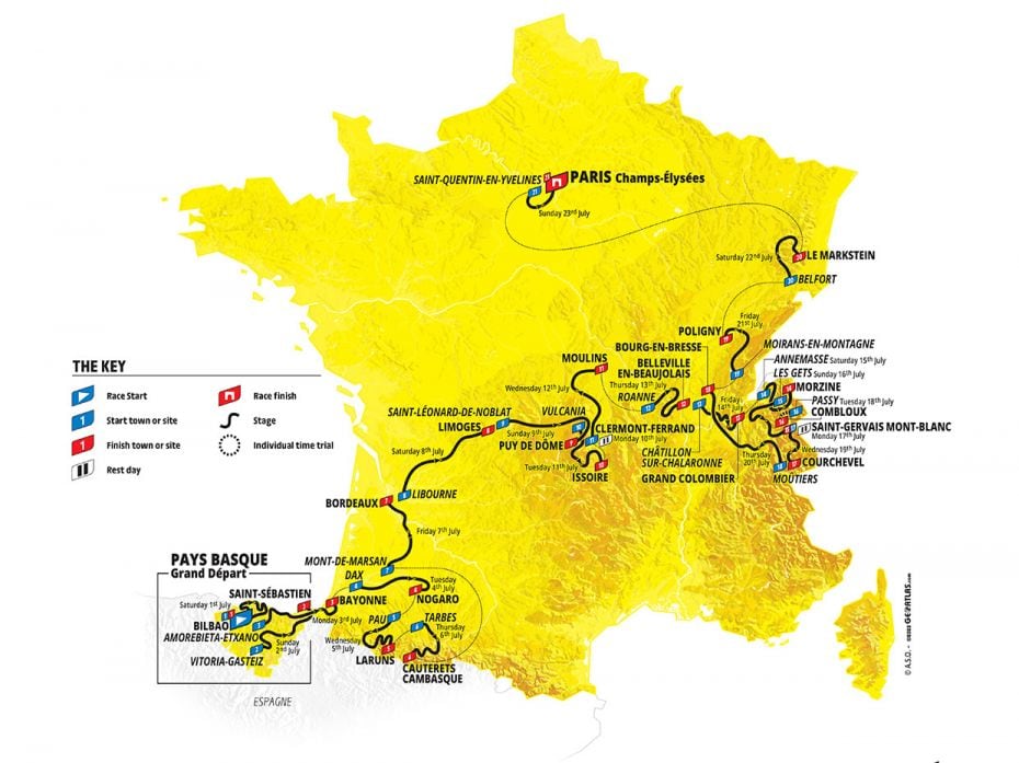 Map of the Tour de France depicting stages of the 2023 tour.