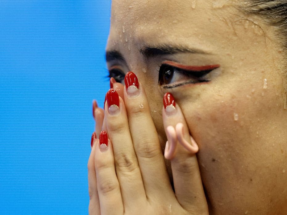 Japan's Yukiko Inui reacts after the women's solo free final of artistic swimming at 2023 World Aqua