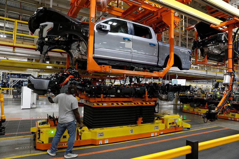 A battery-powered F-150 Lightning truck under production at Ford Motor Co. Rouge Electric Vehicle Ce