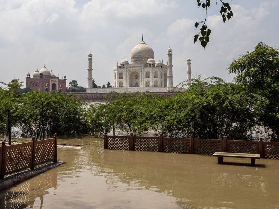 A view of the Yamuna waters swelling around the periphery of Taj Mahal, after continuous rains, Agra